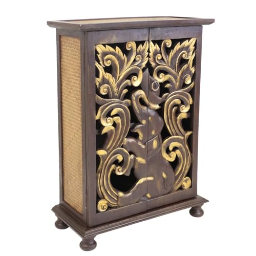 Oriental Galerie Schrank Flurschrank Holzschrank Kommode Carving Elefant 90 cm Blattgold Holz Rattan Braun Gold Schnitzerei von Oriental Galerie