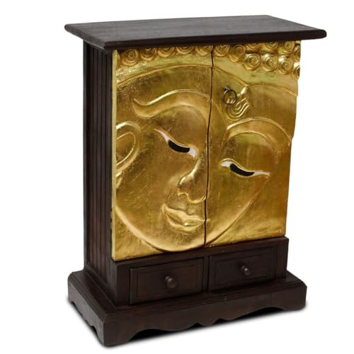 Oriental Galerie Schrank Wandschrank Kommode Flurschrank Schubladenschrank Holzschrank Buddha Gesicht ca. 70 cm hoch Akazienholz Holz Dunkelbraun Gold von Oriental Galerie