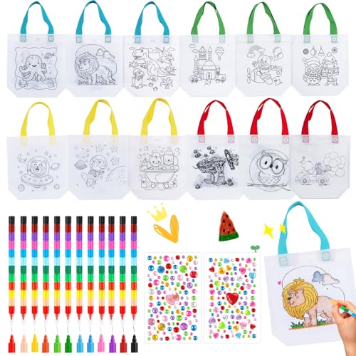 12 Stück Taschen zum Bemalen für Kinder, DIY Graffiti Non-Woven Stoffbeutel zum Bemalen mit 12 Stapelbare Wachsmalstifte (12 Farben) und 2 Glitzersteine, für Mitgebsel Kindergeburtstag Gastgeschenke von Orizizhic