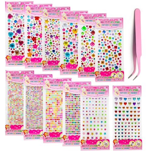 3400 Stück Glitzersteine Selbstklebend, 12 Blätter Glitzer Sticker Mädchen Glitzersteine zum Basteln, Aufkleber Glitzer für Kinder Glitzersteine Gesicht Strasssteine für DIY Grußkarten Trinkflasche von Orizizhic