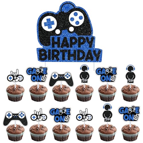 13 Stück Videospiel Kuchenaufsatz Gaming Dekoration, Spielkonsolen Thema Cupcake Topper, Gamer Deko, Kinder Tortenaufleger für Kinder Party Dekoration, Kindergeburtstag (Blau) von Ormromra