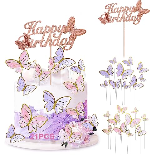 21 Stück 3D Schmetterlinge Kuchen Torten Deko, Happy Birthday Geburtstagsdeko, Pink Lila Schmetterlinge Cake Topper, Cupcake Toppers für Mädchen Geburtstag, Party, Hochzeitstorte, Dessert von Ormromra