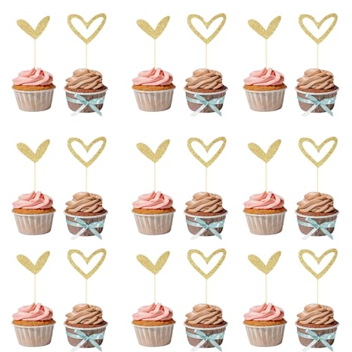 Gold Glitter Herz Cupcake Topper, 24 Stück Herzförmiger Kuchenaufsatz, Liebeskuchen-Einsatz, Herzförmige Deko-Aufhängung für Geburtstage, Jubiläum, Hochzeit, Party Dekorationen von Ormromra