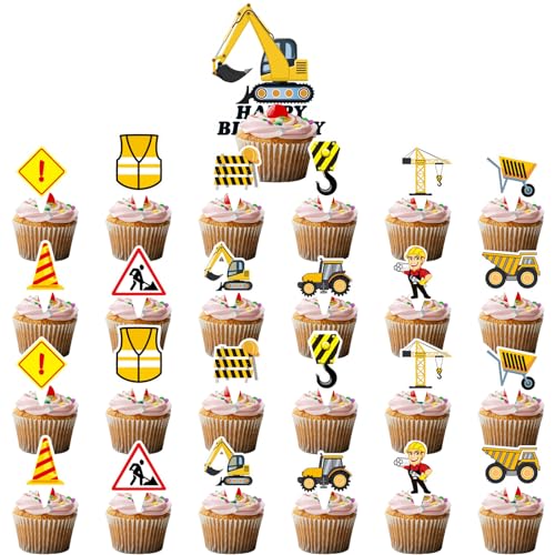 Straßenschild Baufahrzeug Cupcake Topper, 25 Stück Bagger Muffin Dekoration, Baufahrzeuge Happy Birthday Tortendeko für Geburtstag Themen Party Dekoration Supplies von Ormromra