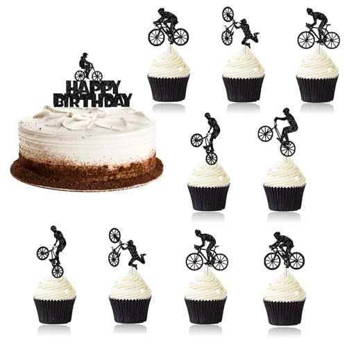 31 x Fahrrad-Cupcake-Topper, schwarzer Glitzer, Motorrad-Cupcake-Topper, Sport-Motocross-Cupcake-Dekorationen, Fahrrad-Themen-Geburtstagsparty-Kuchenzubehör für Jungen, Kinder, Sohn, Papa von Ormromra