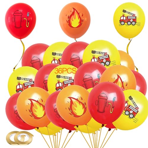 36 Stück Feuerwehr Luftballons, Feuerwehrauto Latex Ballons, Feuerwehr Ballon Deko Set, Feuerwehrmann Party Zubehör für Kindergeburtstag, Rettung Mottoparty(Rot, Gelb, Orange) von Ormromra