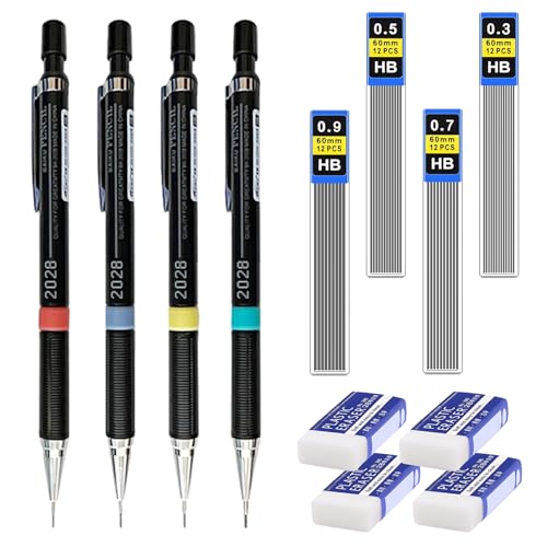 4 Stück Druckbleistifte, 4 Tuben Bleistiftmine HB Mienenbleistift und 4 Stück Radiergummi, Schwarz Mechanical Pencil für Schreiben,Hausaufgaben,Zeichnen,Skizzieren(0.3mm& 0.5mm& 0.7mm& 0.9mm) von Ormromra