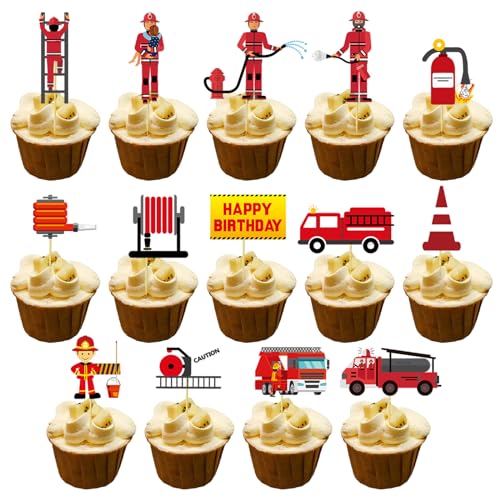 42 Stück Fire Truck Cupcake Toppers, Feuerwehr Geburtstagsfeier Deko, Feuerwehr Motor Rettung Thema, Feuerwehr Kuchendeckel für Kindergeburtstag Party von Ormromra