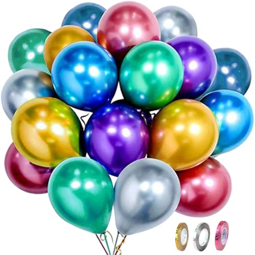 50 Stück Luftballons Metallic, Bunt Helium Ballons mit 3 Rollen Farbiger Bänder, 12 Zoll Latexballons Metallic für Party, Geburtstag, Vintage Deko, Hochzeit Taufe Deko Partydeko von Ormromra