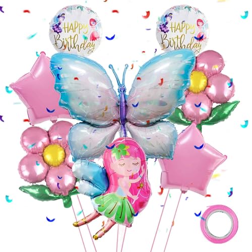 8 Stück Geburtstag Deko Schmetterling, Schmetterlings Stern Blume Folienballon, Riesige Blau Schmetterling Folie Mylar Ballon, Geburtstag Deko Mädchen Schmetterling von Ormromra