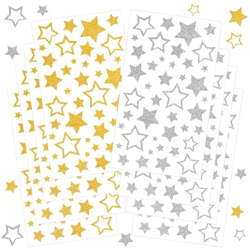 8 Stück Stern Sticker, 336 Stk Glitzer Sterne Aufkleber, Selbstklebend Weihnachten Aufkleber, Glitzer Gold Silber Sterne Aufkleber für Adventskalender,Scrapbooking,DIY Geschenke Deko(Gold,Silber) von Ormromra