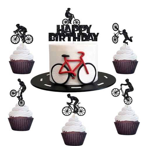 Cupcake-Aufsätze mit schwarzem Glitzer, Motiv: Fahrräder, Happy Birthday, Cupcake-Picks, Fahrrad-Kuchendekoration, Fahrrad-Motto, Geburtstagsparty, Kuchendekoration, Zubehör für Radsportbegeisterte, von Ormromra