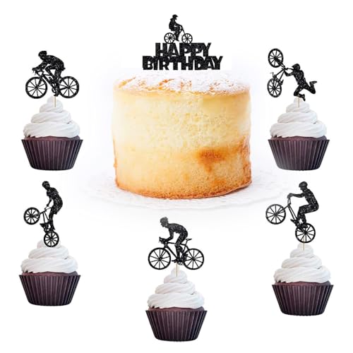 Cupcake-Aufsätze mit schwarzem Glitzer, Motiv: Fahrräder, Happy Birthday, Cupcake-Picks, Fahrrad-Kuchendekoration, Fahrrad-Motto, Geburtstagsparty, Kuchendekoration, Zubehör für Radsportbegeisterte, von Ormromra