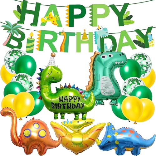 Dino Geburtstag Deko Set, Dinosaurier Folienballons mit Happy Birthday Girlande, Luftballons Grün, Dino Folienballon für Dinosaurier Party Dschungel Party Kinder, Geburtstag Dekoration Jungen von Ormromra