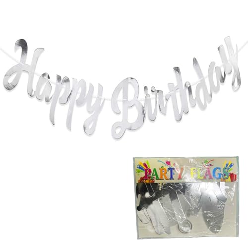 Happy Birthday Banner, silberfarbenes Happy Birthday-Banner, Geburtstagsparty-Wimpelkette, Dekoration, metallische Geburtstagsparty-Dekorationssets (Verpackung mit Rückkarte) von Ormromra