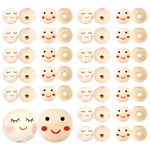 Holzperlen mit Gesichtern, Smiley-Gesicht, Holzperlen-Set, 20 mm, lose runde Perlen, Abstandshalter zum Basteln, Holzperlen zur Schmuckherstellung, Auffädeln von Perlen für DIY-Dekorationen, 50 Stück von Ormromra