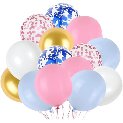 Luftballons Rosa und Blaues Set, 50 Stück 12 Zoll Latex-Luftballons, Konfetti Luftballon, Hellblau Rosa Weiß Gold Ballon-Set mit Band für Jungen Mädchen, Kinder Geburtstag, Brautparty, Gender Reve von Ormromra