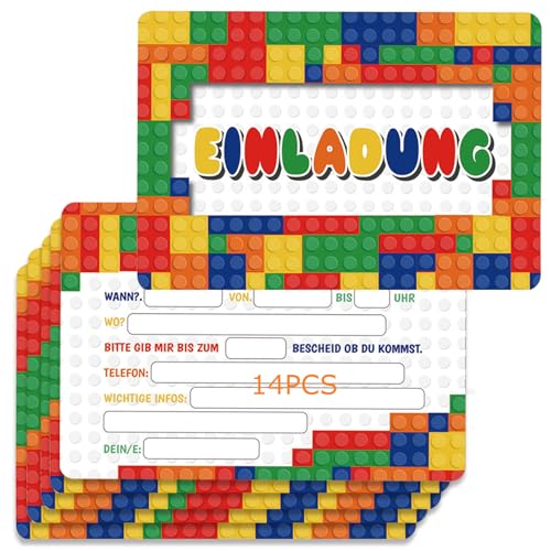 Ormromra 14 pcs Einladungskarten Set für Kinder Geburtstag, Building Bricks Einladung Karte, Party Einladung, Bauklötze Einladungen für Mädchen, Jungen zum Party von Ormromra