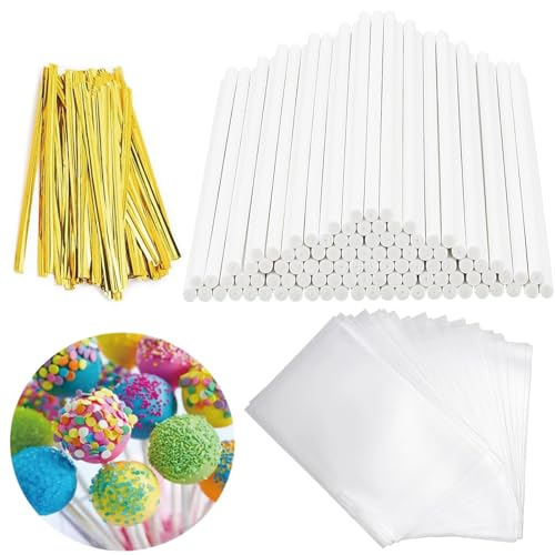 Ormromra 300 Stück Cake Pop Stiele Set, 100 Stück Paketsäcke, 100 Stück Stiele für Cake Pops aus Papier und 100 Stück Krawatten Verdrehen, Zur Herstellung von Lutschern, Kuchen, Desserts von Ormromra