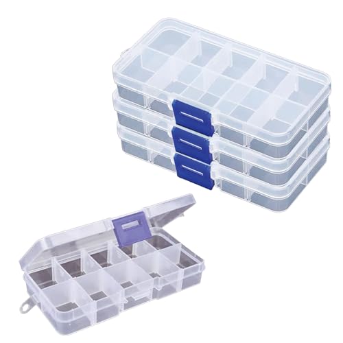 Ormromra 4 Stück Plastik Sortierbox, 10 Gitter Fächer Aufbewahrungsbox mit verstellbaren Fächern, Aufbewahrungsbox mit Deckel für Spielzeug, Schmuck, Accessoires, Kleinteile, Schrauben von Ormromra