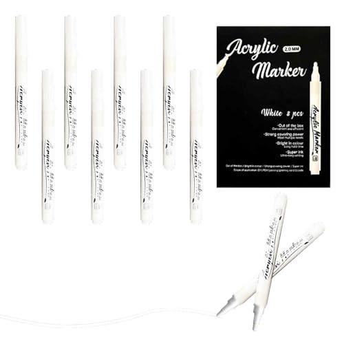 Ormromra 8pcs Weiße Acrylstifte, Acrylstifte Weiß Marker Stifte, Schnell Trocknender Wasserfester Marker, Industrie Lackmarker zum Steine Bemalen für Karton, Glass Holz von Ormromra