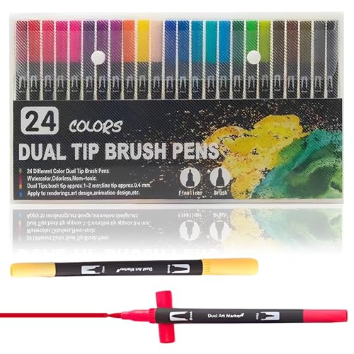 Ormromra Dual Brush Pen Set, 24 Farben Doppelfasermaler, Pinselstifte Aquarell Marker Fineliner, Tinte auf Wasserbasis Filzstifte für Aquarell Watercolo Bullet Journal von Ormromra