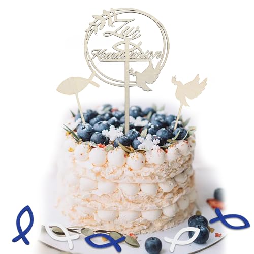 Tortendeko Kommunion, 3 Stück Zur Kommunion Cake Topper Taufe Holz & 36 Stück Holz Fische Torten Topper, Kommunion Kuchen Deko Torte Tortenstecker Set, Erstkommunion Cupcake Deko für Junge Mädchen von Ormromra