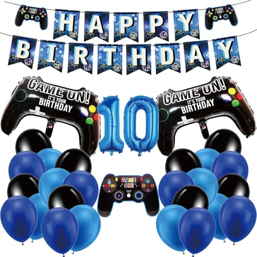 Videospiel Luftballon 10. Geburtstag Blau, Happy Birthday-Banner, Game-Controller-Luftballons, schwarz-blaue Luftballons für Kinder Junge Geburtstag Party Dekoration von Ormromra