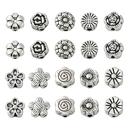 Ornazy 100 Stück 10 Stile tibetische Antik Silber Blumen Perlen Vintage Floral Lose Abstandshalter Perlen für Armband Halskette Schmuckherstellung von Ornazy