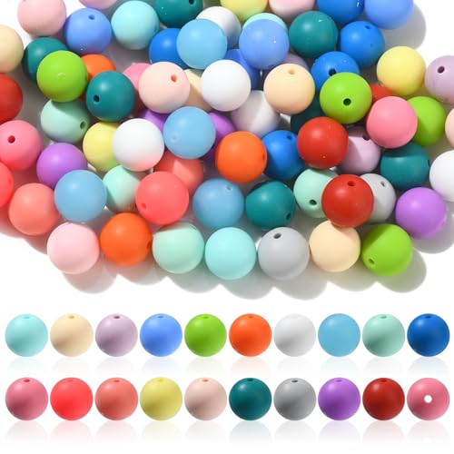 Ornazy 100 Stück zufällige 15 mm bunte Silikon-Fokal-Perlen, weiche Gummiperlen, rund, lose Perlen für Schlüsselanhänger, Stifte, Schmuck, Halsketten, Armbänder, Herstellungszubehör von Ornazy