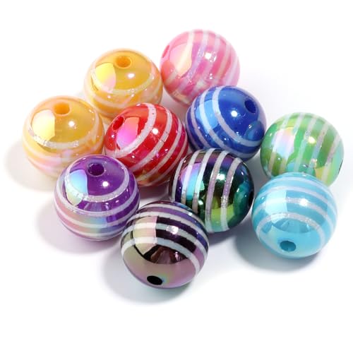 Ornazy 40 Stück zufällige 15 mm Acryl-Regenbogen-Streifen, bunte runde Perlen, UV-beschichtet, klobige Kaugummi-Perlen für Schmuckherstellung, Armbänder, Halsketten von Ornazy