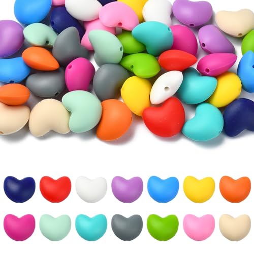 Ornazy 42 Stück 14 Farben Herz Silikon Perlen Love Heart Spacer Perlen Bunte Herzform Perlen für DIY Armband Halskette Schmuckherstellung von Ornazy