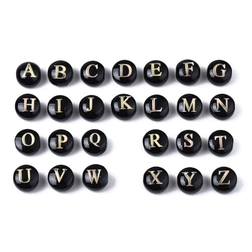 Ornazy Flache runde Lampwork-Alphabet-Perlen, handgefertigt, schwarze Buchstaben A-Z, für Schmuckherstellung und selbstgemachte Armbänder, Halsketten, Schlüsselanhänger, 20 Stück von Ornazy