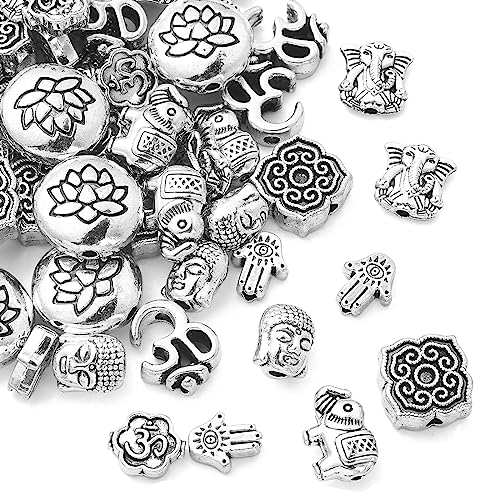 Ornazy Tibetische Abstandshalter, 80 Stück, 8 Stile, Antik-Silber, Elefant, Buddha, Lotus, Hamsa, Handarbeiten, lose Perlen für Armbänder, Halsketten, Schmuckherstellung von Ornazy