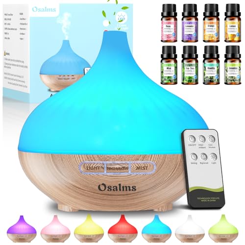 Aroma Diffuser,500ML Diffuser mit Ätherische Öle,7 Farben LED Mit 4 Timer-Einstellung, Lufterfrischer mit 8 x10 ML Duftöl, Holzmaserung Diffusor für Zuhause Büro Oder Yoga(Gelbe Holzmaserung) von Osalms