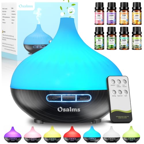 Aroma Diffuser,500ML Diffuser mit Ätherische Öle,7 Farben LED Mit 4 Timer-Einstellung, Lufterfrischer mit 8 x10 ML Duftöl, Holzmaserung Diffusor für Zuhause Büro Oder Yoga(Schwarz Holzmaserung) von Osalms