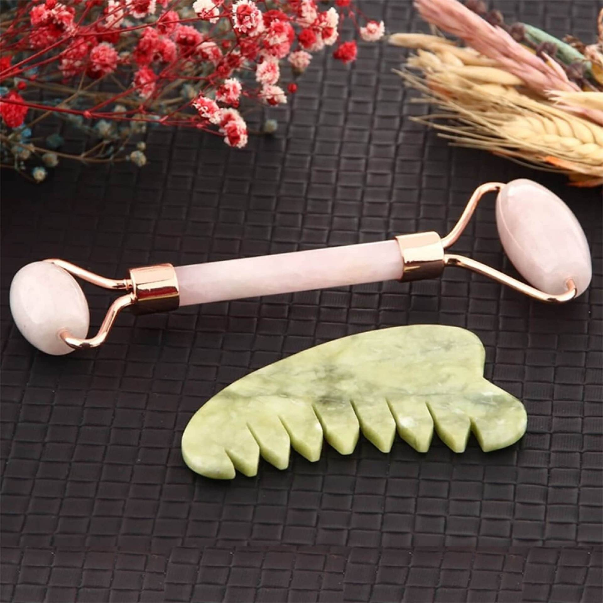 Rosa Quarz Roller Und Jade Kamm Gua Sha Massage Set - Gesichts Hautpflege Steine Stein + Gesicht von OsmanliGems