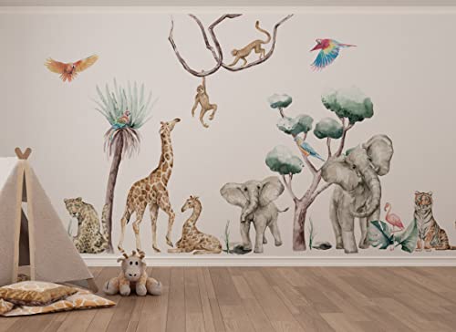 Osomhome SAVANNA SPIRIT L Wandaufkleber für Kinder, Safari, Savanne, Giraffe, Gepard, Affen, Tiger, Elefant, Bäume, Aquarell (os4052) von Osomhome