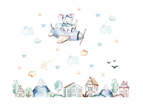 Osomhome Wandtattoo Kinderzimmer Junge & Mädchen: Elefant im Flugzeug (220x170cm) | Wandsticker Kinderzimmer Deko | Babyzimmer Deco Wanddeko | Wandaufkleber Wandbild Kinderbilder os7807 von Osomhome