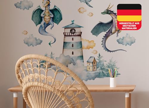 Osomhome Wandtattoo Kinderzimmer Mädchen & Junge: Drachen & Leuchtturm (110x80cm) | Kinderzimmer & Babyzimmer Deko | Wandsticker & Wanddeko Kinderzimmer | Wandaufkleber, Wall Stickers os9600 von Osomhome