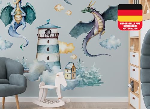 Osomhome Wandtattoo Kinderzimmer Mädchen & Junge: Drachen & Leuchtturm (190x140cm) | Kinderzimmer & Babyzimmer Deko | Wandsticker & Wanddeko Kinderzimmer | Wandaufkleber, Wall Stickers os9602 von Osomhome