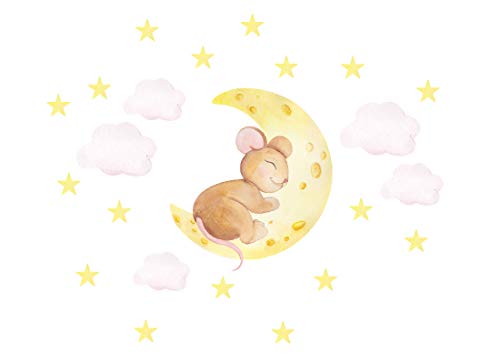 Osomhome Wandtattoo Kinderzimmer Mond & schlafende Maus (115x90cm) | Kinderzimmer Deko Babyzimmer Wanddeko | Wandaufkleber Wandbild Kinderbilder Wandsticker | Wolken Sterne os2997 von Osomhome