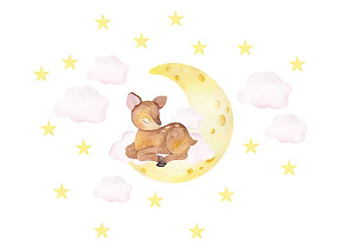 Osomhome Wandtattoo Kinderzimmer Mond & schlafende Rehe (115x90cm) | Kinderzimmer Deko Babyzimmer Wanddeko | Wandaufkleber Wandbild Kinderbilder Wandsticker | Wolken Sterne os2994 von Osomhome