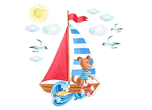 Osomhome Wandtattoo Seemann auf einem Schiff - Wolken Hund Möwen Fisch Kinderbilder Junge Kinderzimmer Mädchen Aufkleber (Seemann Hund, XL) 160x165cm von Osomhome