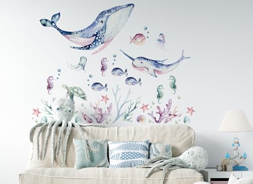 Osomhome Wandtattoo Unterwasserwelt 110 x 80 cm | Fisch Koralle Wal Narwal Luftblasen Kinderbilder Junge Kinderzimmer Mädchen Aufkleber von Osomhome