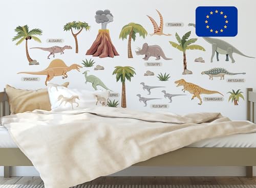 Osomhome Dino Wandtattoo Dinosaurier (130x85cm)I Wandsticker Dinosaurier Wandaufkleber | Dino Deco Kinderzimmer Junge & Mädchen I Vulkan Baum Velociraptor Brachiosaurus Ankylosaurus Stegosaurus os3237 von Osomhome