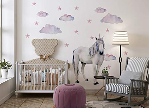 Osomhome Wandaufkleber Einhorn Wandbild I Sterne Wolken Kinderbilder Junge Kinderzimmer Mädchen Aufkleber os2024 (160 x 116 cm) von Osomhome