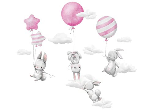 Wandaufkleber für Kinder, Hasen mit Luftballons, Tiere, Wolken, Rosa, Kinderbilder Junge Kinderzimmer Mädchen Aufkleber Osomhome, 100x50cm von Osomhome