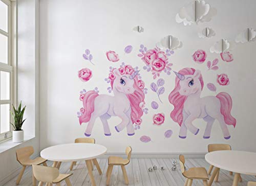 Wandaufkleber rosa Einhorns Wandbild I Blumen Kinderbilder Junge Kinderzimmer Mädchen Aufkleber Osomhome os2033 (160x100cm) von Osomhome