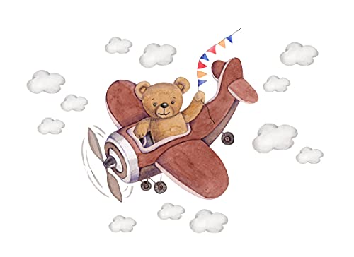 Wandtattoo Bär im Braun Flugzeug I Wolken Kinderbilder Junge Kinderzimmer Mädchen Aufkleber Osomhome (120x80cm) os7887 von Osomhome